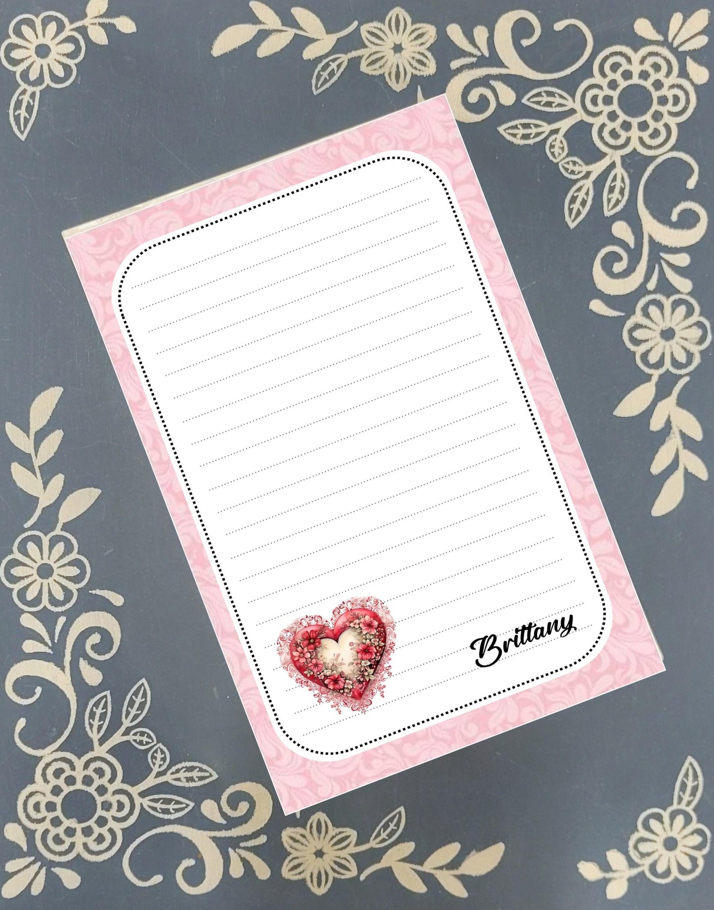 Personalized Valentine's, Pink Scroll Heart with Flowers, Love, Notepad Stationery