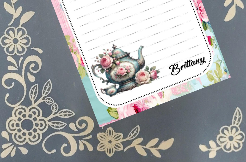 Personalized Blue Teapot with Pink Roses, Notepad Stationery