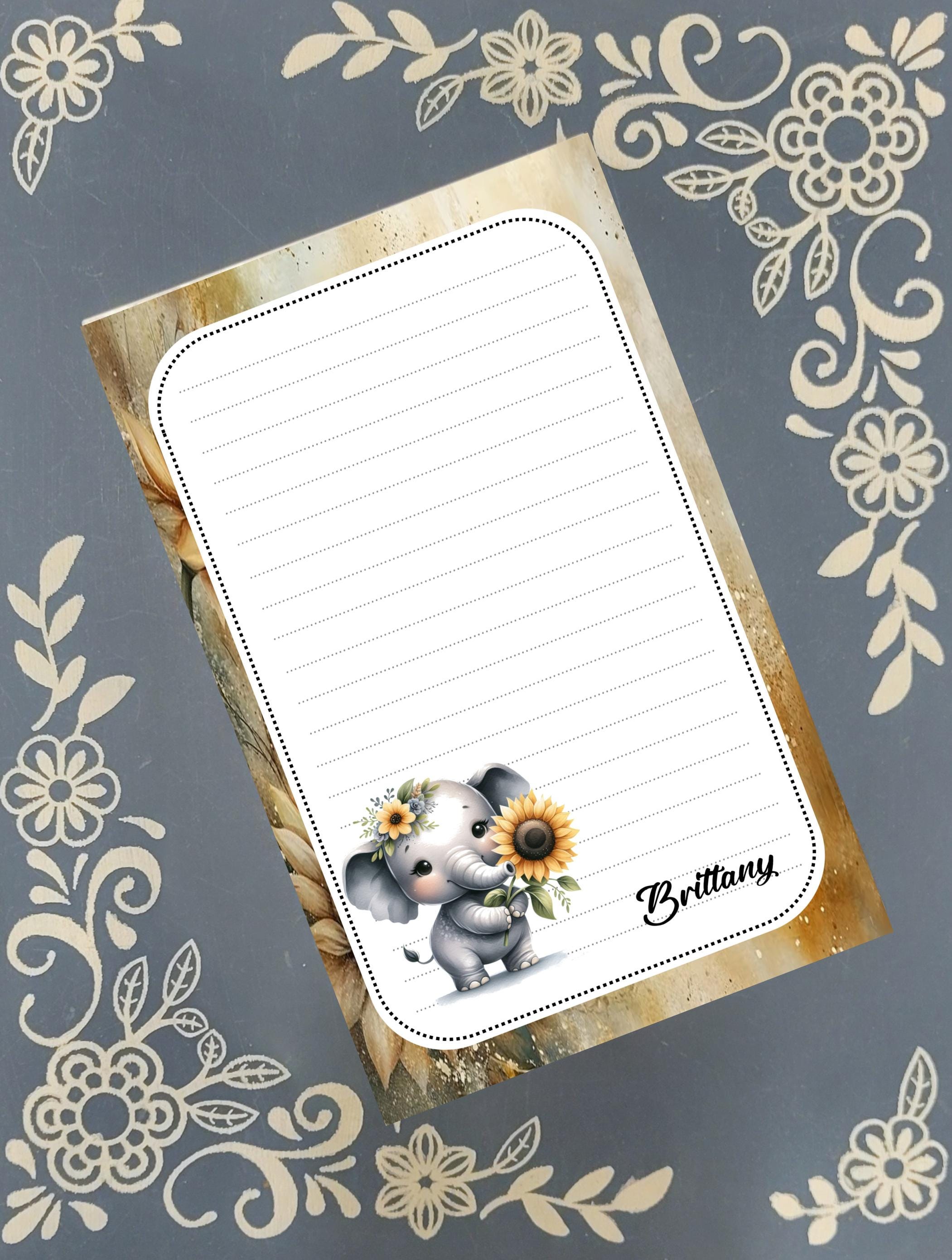 Personalized Elephant with a Sunflower, Notepad Stationery
