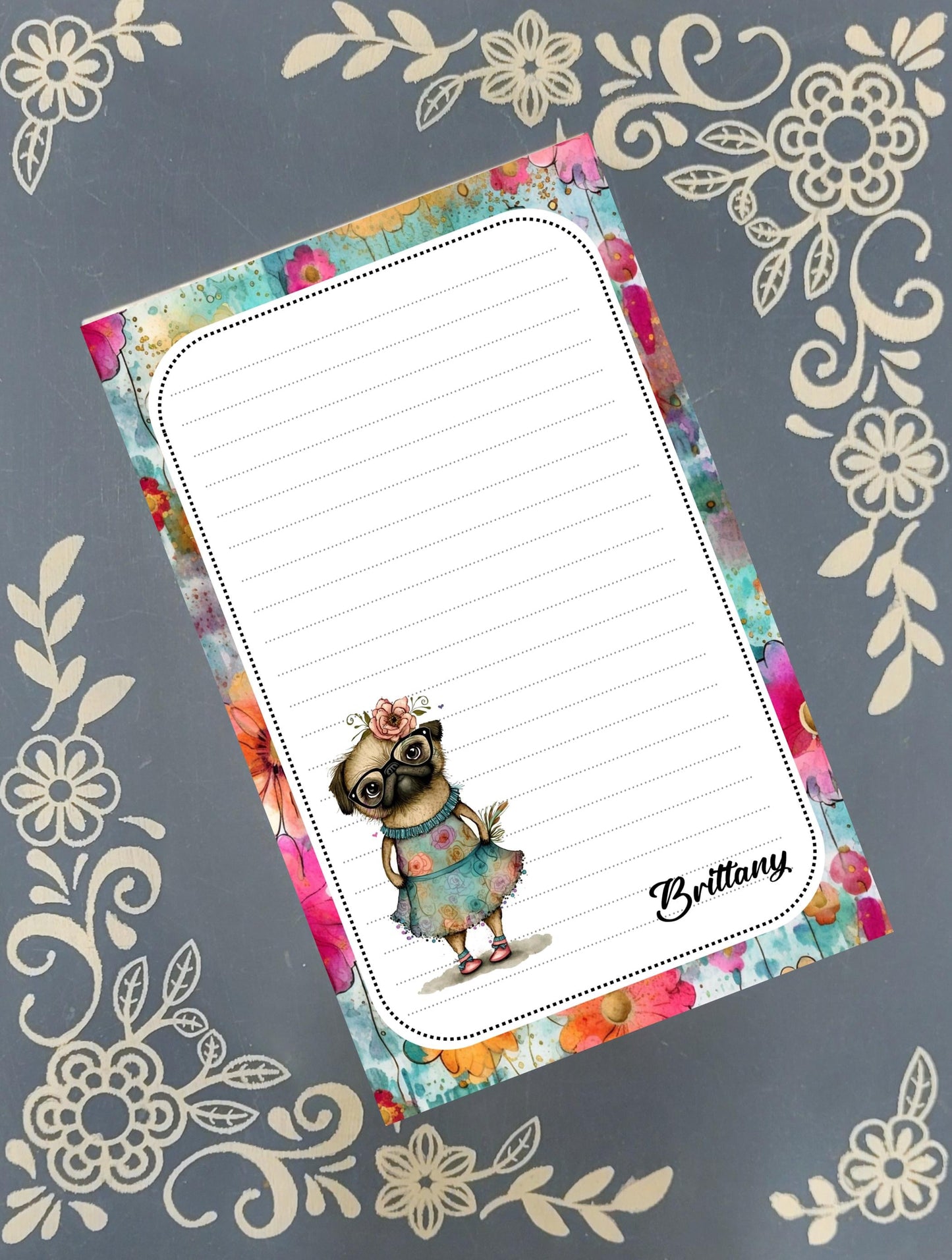 Personalized Pug in a Dress, Notepad Stationery
