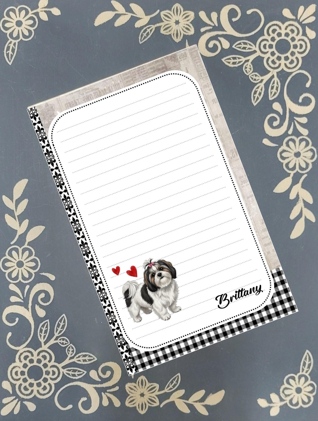 Personalized Custom Dog Breed, black and white with red hearts, Notepad Stationery