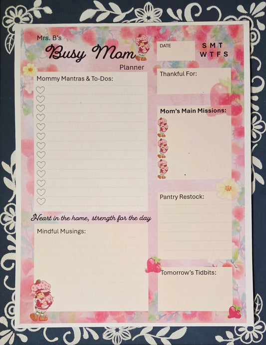 Personalized mom daily planner and custom to-do list notepad featuring a personalized name on a beautiful kitchen counter table layout.